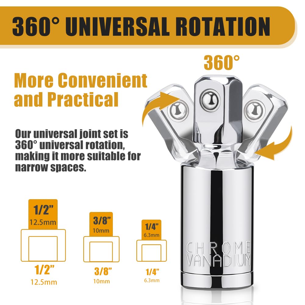 3PCS Universal Joint Socket Set, 1/4” 3/8” 1/2” Drive Swivel Socket Adapter Set, Premium Chrome Vanadium Steel Universal Joint Socket Adapter Suitable for Narrow Spaces- Tiosamd