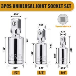 3PCS Universal Joint Socket Set, 1/4” 3/8” 1/2” Drive Swivel Socket Adapter Set, Premium Chrome Vanadium Steel Universal Joint Socket Adapter Suitable for Narrow Spaces- Tiosamd