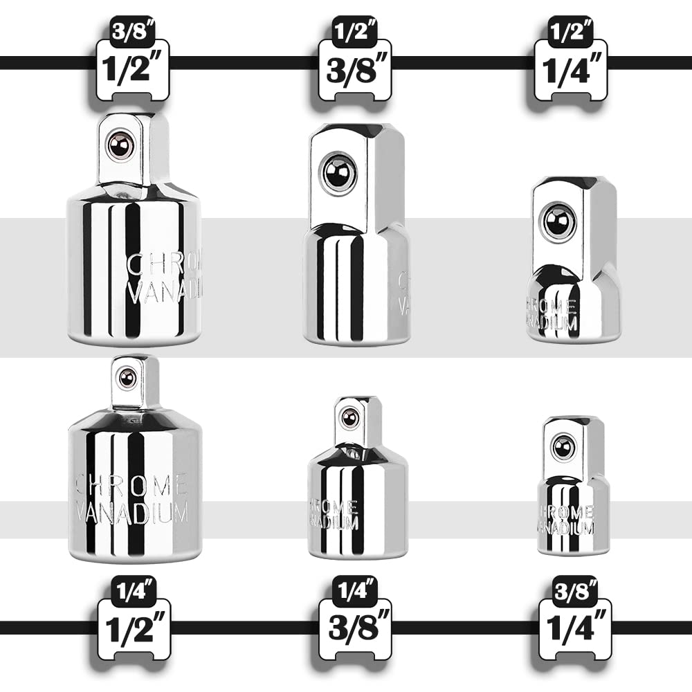 StrugDeas 6 Piece Socket Adapter and Reducer Set, 1/4", 3/8", 1/2" Chrome Vanadium Steel Ratchet/Socket Extension/Conversion Kit for Automotive Maintenance