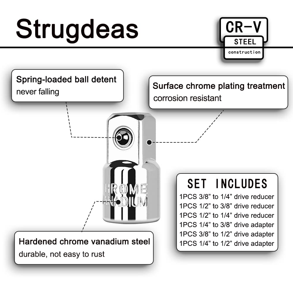 StrugDeas 6 Piece Socket Adapter and Reducer Set, 1/4", 3/8", 1/2" Chrome Vanadium Steel Ratchet/Socket Extension/Conversion Kit for Automotive Maintenance