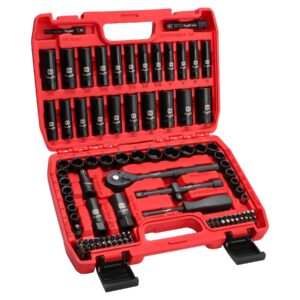 llnedl 3/8" drive impact socket set 95pcs, spark plug socket (5/8", 13/16"), 6 point metric & sae from 5/16"- 3/4", 8-22mm, cr-v deep & shallow kit with quick release ratchet (72-tooth) for home & diy