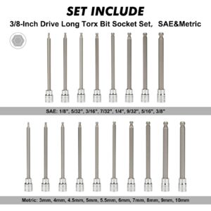 CASOMAN 3/8"Drive Extra Long Ball-End Hex Bit Socket Set, 18 Piece Allen Socket Set, Metric & SAE, 3mm to 10mm, 1/8" to 3/8", CR-V and S2 Steel