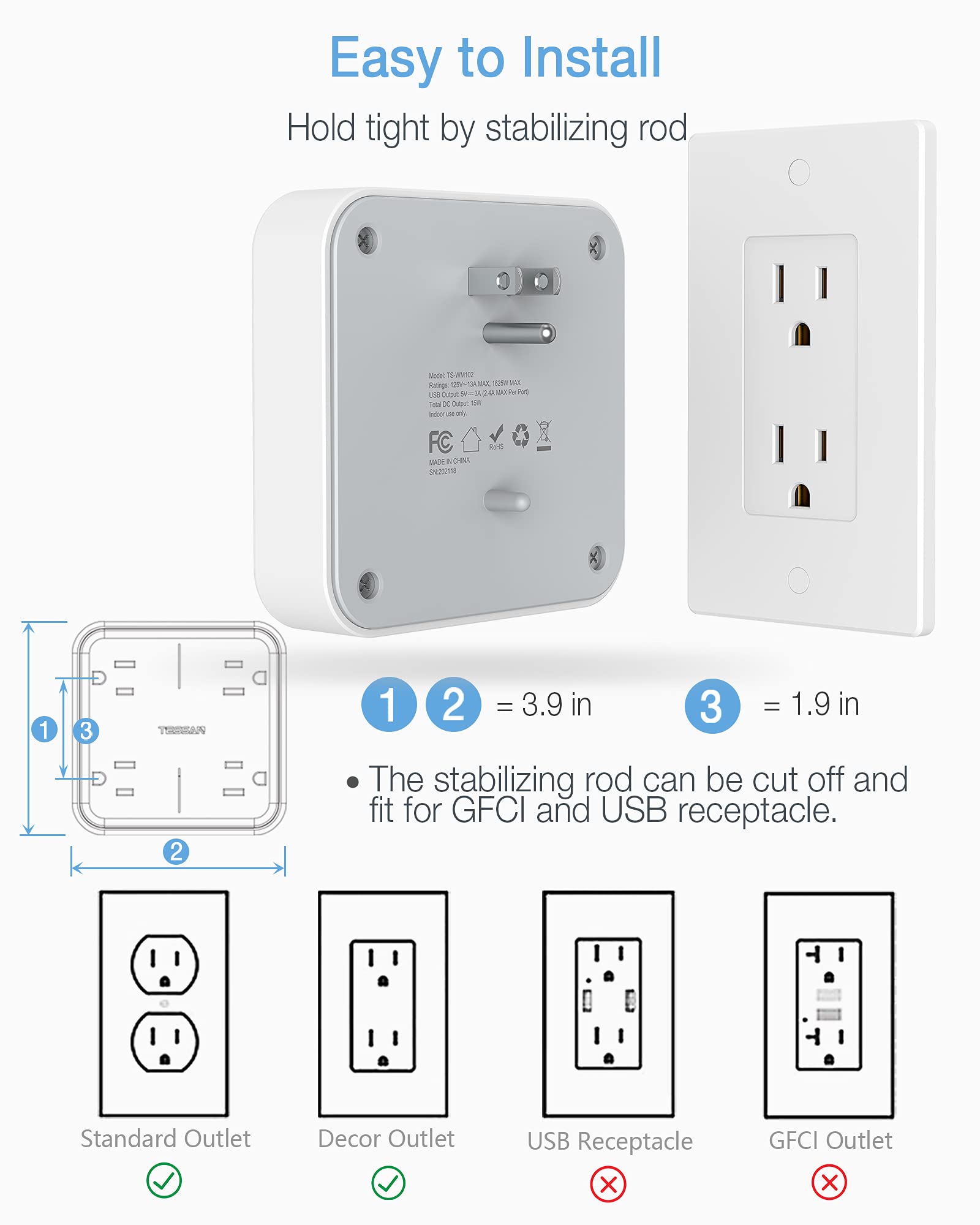 Multi Plug Outlet Extender with USB, TESSAN Surge Protector Splitter 3 USB Wall Charger, Multiple Expander for Travel, Home, College Dorm Room