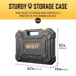 boen 1/2" Drive Impact Socket Set, 33 Piece Deep & Shallow Metric Socket Set 8mm to 22mm, Includes 5", 10" Extension Bars, Universal Joint, 6 Point Design, Cr-V Steel, Meets ANSI Standards