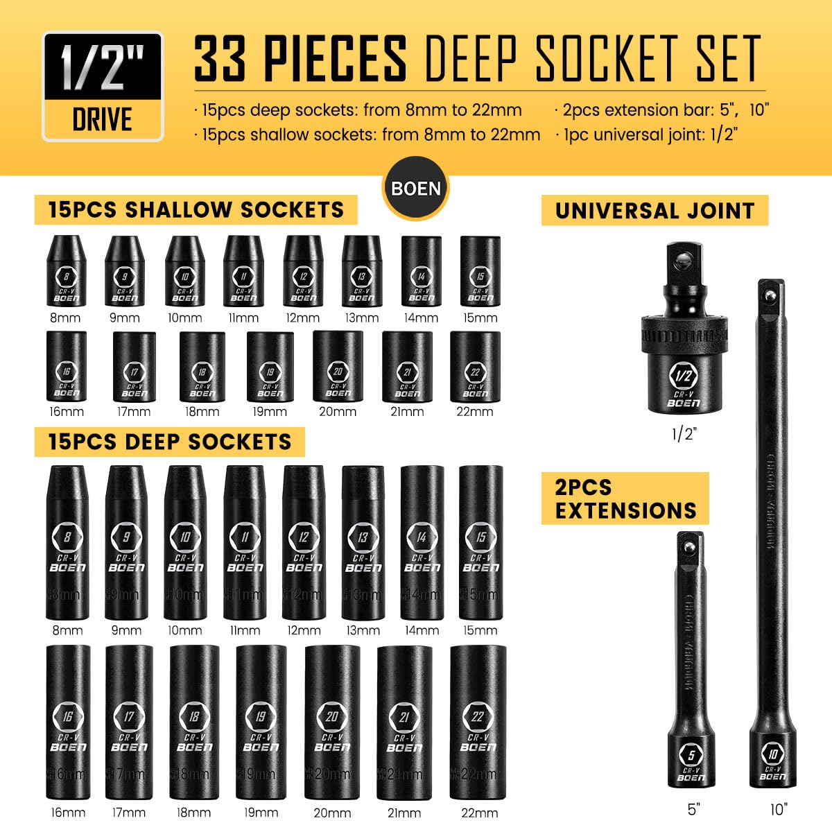 boen 1/2" Drive Impact Socket Set, 33 Piece Deep & Shallow Metric Socket Set 8mm to 22mm, Includes 5", 10" Extension Bars, Universal Joint, 6 Point Design, Cr-V Steel, Meets ANSI Standards