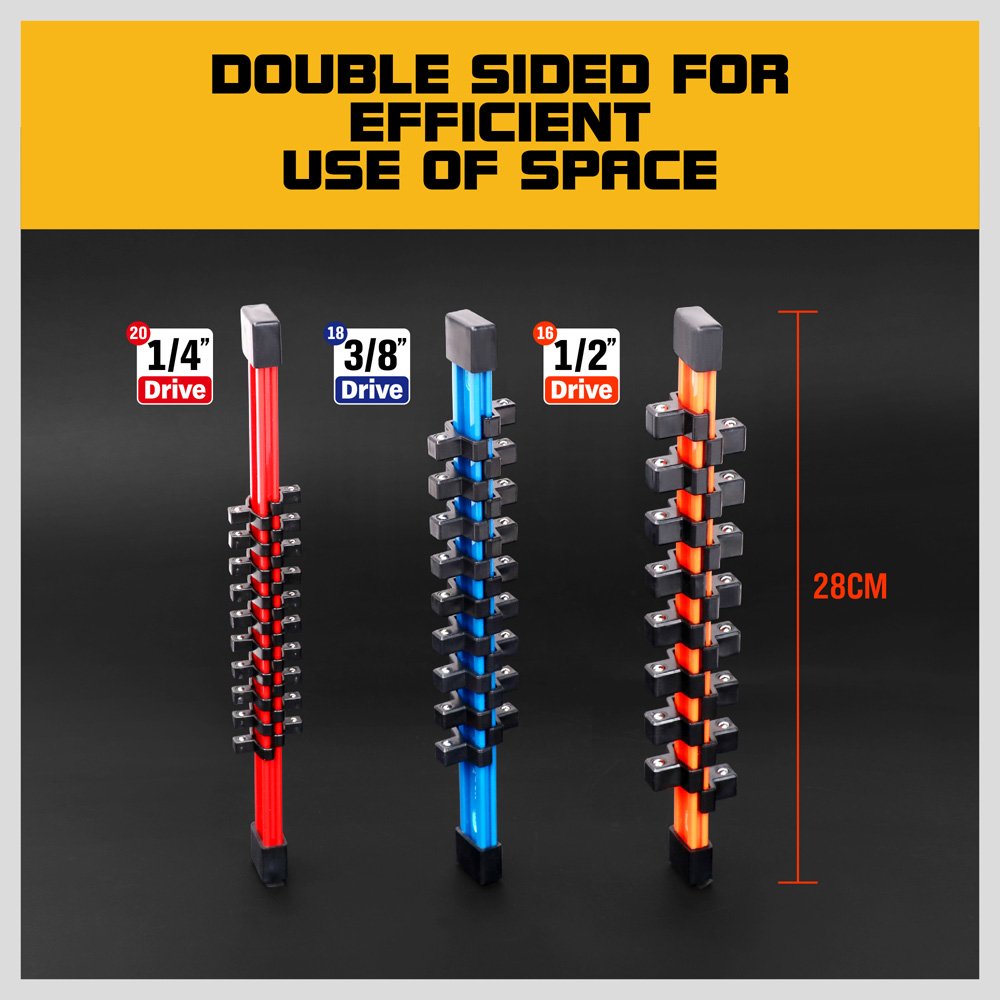 HORUSDY 3PC Double Sided Socket Organizer, 1/4-Inch, 3/8-Inch, 1/2-Inch, Premium Quality Socket Holders