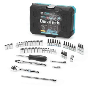 duratech 1/4" socket set, 51 piece tool set including standard(sae) and metric sockets, bit sockets, ratchet and universal joint