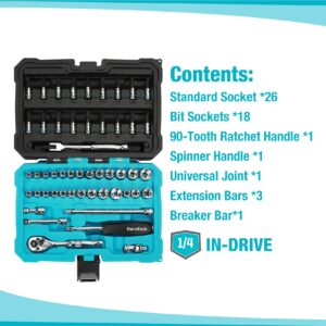 DURATECH 1/4" Socket Set, 51 Piece Tool Set Including Standard(SAE) and Metric Sockets, Bit Sockets, Ratchet and Universal Joint