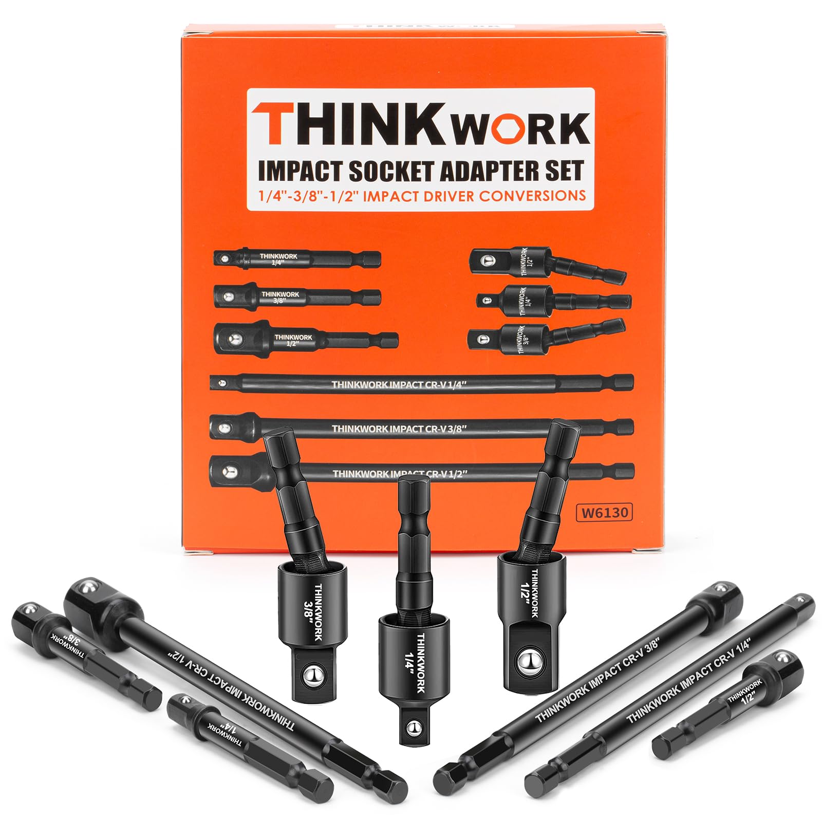 THINKWORK Impact Socket Adapter Set, 1/4" 3/8" 1/2" Drill Socket Adapter, 1/4" Hex Shank Impact Driver Socket Adapter for Cordless Drill, Impact Driver, Power Drill, Impact Drill, 9-Piece