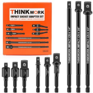 THINKWORK Impact Socket Adapter Set, 1/4" 3/8" 1/2" Drill Socket Adapter, 1/4" Hex Shank Impact Driver Socket Adapter for Cordless Drill, Impact Driver, Power Drill, Impact Drill, 9-Piece