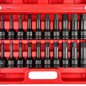 WETT 1/2" Drive Master Impact Hex Bit Set, 20 Piece Hex Driver Socket Set, Allen Bit Socket Set, Cr-Mo Steel, SAE & Metric, (1/4" - 3/4", 6-19mm)