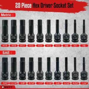 WETT 1/2" Drive Master Impact Hex Bit Set, 20 Piece Hex Driver Socket Set, Allen Bit Socket Set, Cr-Mo Steel, SAE & Metric, (1/4" - 3/4", 6-19mm)