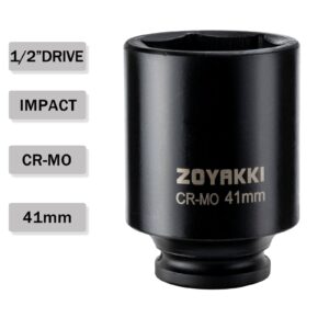 ZOYAKKI 1/2" Drive x 41 mm Deep 6 PT Impact Socket, CR-MO, 1/2-inch Drive 6 Point Axle Nut Socket for Easy Removal of Axle Shaft Nuts (41MM)