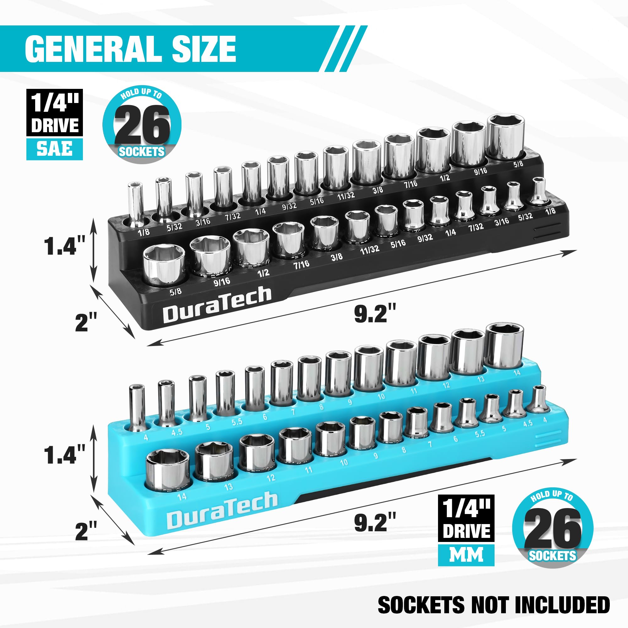 DURATECH Magnetic Socket Organizer Set, 1/4" Drive SAE&Metric Socket Holders Socket Trays for Tool Box and Tool Cart, Hold 52 Pieces Standard&Deep Size Sockets (Sockets Not Included)