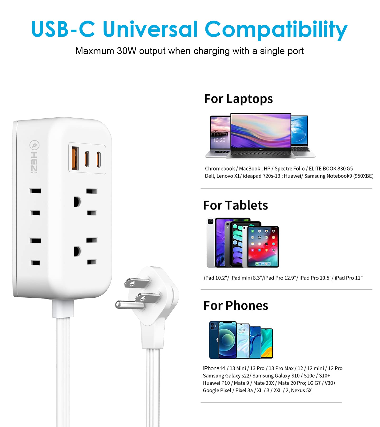 30W Power Strip USB C,5ft Black Extension Cord with USB C Ports, Small Portable Power Strip for Travel Home, Flat Plug 4 Outlet 3 USB Ports PD Fast Charging Cruise Power Strip Cruise Approved