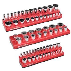 workpro magnetic socket organizer set, 3-piece socket holder set includes 1/4", 3/8" and 1/2" drive sae socket trays, holds 68 pieces standard size and deep size sockets(socket not included)