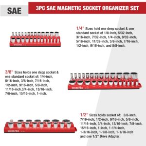 WORKPRO Magnetic Socket Organizer Set, 3-Piece Socket Holder Set Includes 1/4", 3/8" and 1/2" Drive SAE Socket Trays, Holds 68 Pieces Standard Size and Deep Size Sockets(Socket not Included)