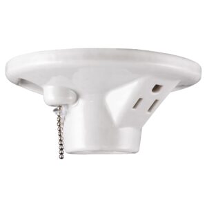 ultrapro porcelain light socket with outlet and pull chain light fixture, light bulb socket, medium base, grounded plug, indoor lighting, mount on 3-1/4€ or 4€ box, ul listed, white, 18305,1-pack