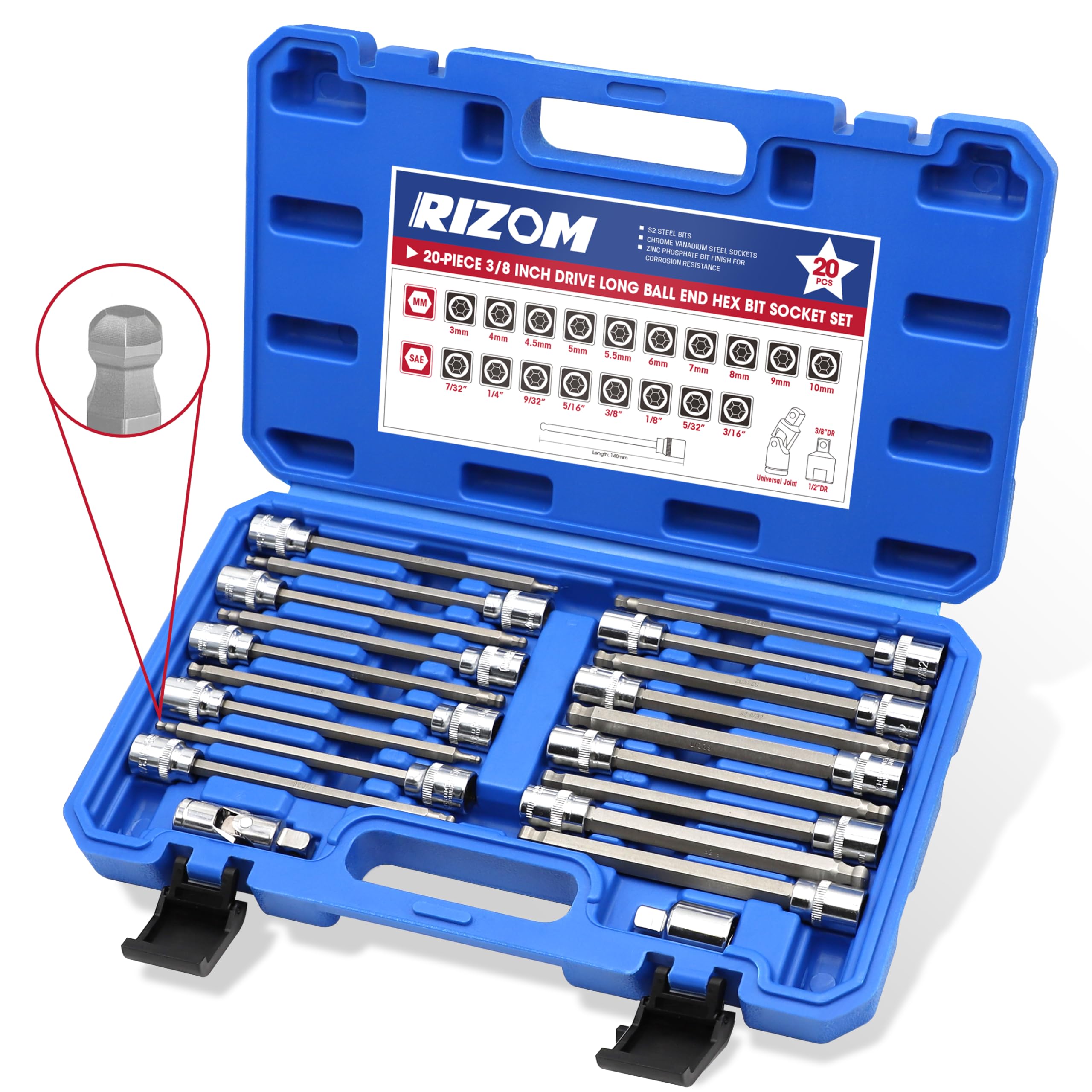 RIZOM 20-Piece 3/8 Inch Drive Long Ball End Hex Bit Socket Set, Extra Long Allen Socket Set, SAE & Metric (1/8-3/8 in., 3-10 mm), CR-V and S2 Steel