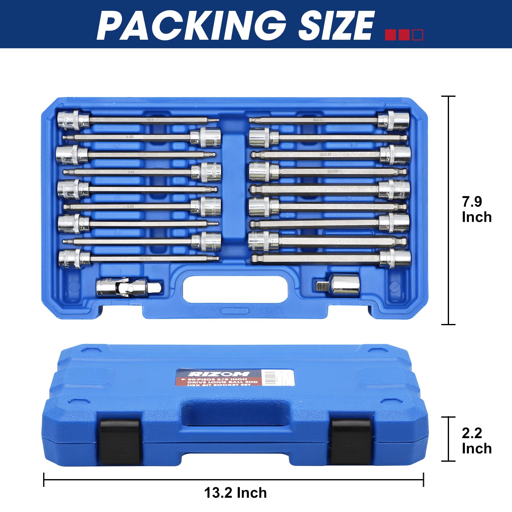 RIZOM 20-Piece 3/8 Inch Drive Long Ball End Hex Bit Socket Set, Extra Long Allen Socket Set, SAE & Metric (1/8-3/8 in., 3-10 mm), CR-V and S2 Steel