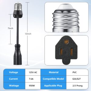 Feekoon 3 Outlet Light Socket Adapter, Convert E26/E27 Bulb Socket to 3 Prong Outlet with Extension Cord, Flexible Light Socket Converter Suitable for Indoor Outdoor Porch Garage Patio Use (Black)