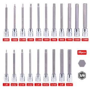 20PCS Extra Long Hex Bit Socket Set 3/8 Inch Drive | Standard SAE & Metric (1/8-Inch - 3/8-Inch, 3-12mm) | S2 Alloy Steel Allen Bits | Heavy Duty Cr-V Sockets Set