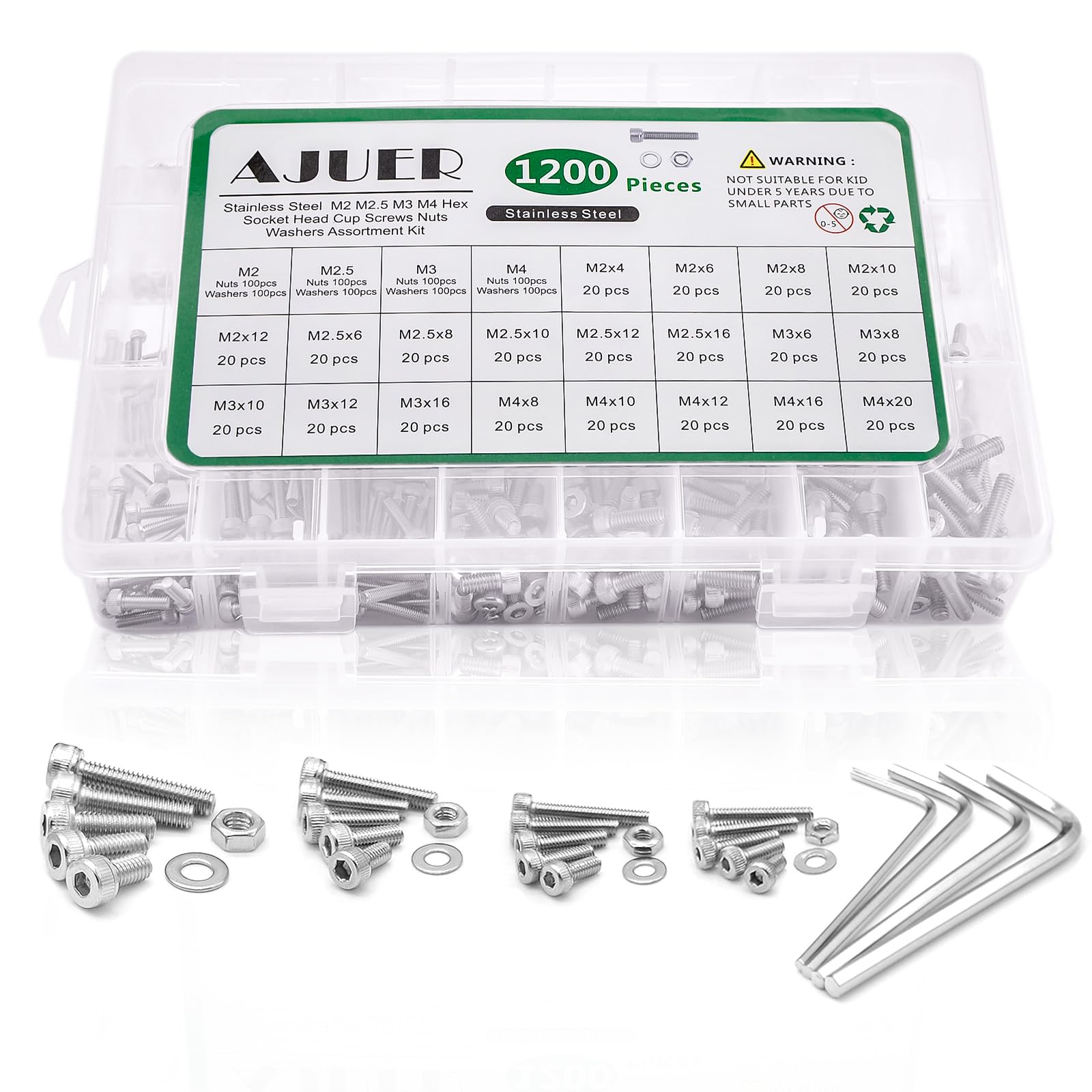 AJUER 1200pcs M2/M2.5/M3/M4 hex Socket Head Cap Screws Bolts Nuts Washers Assortment Kit, 304 Stainless Steel Metric Screw Set, Small Bolts and Nuts Kit