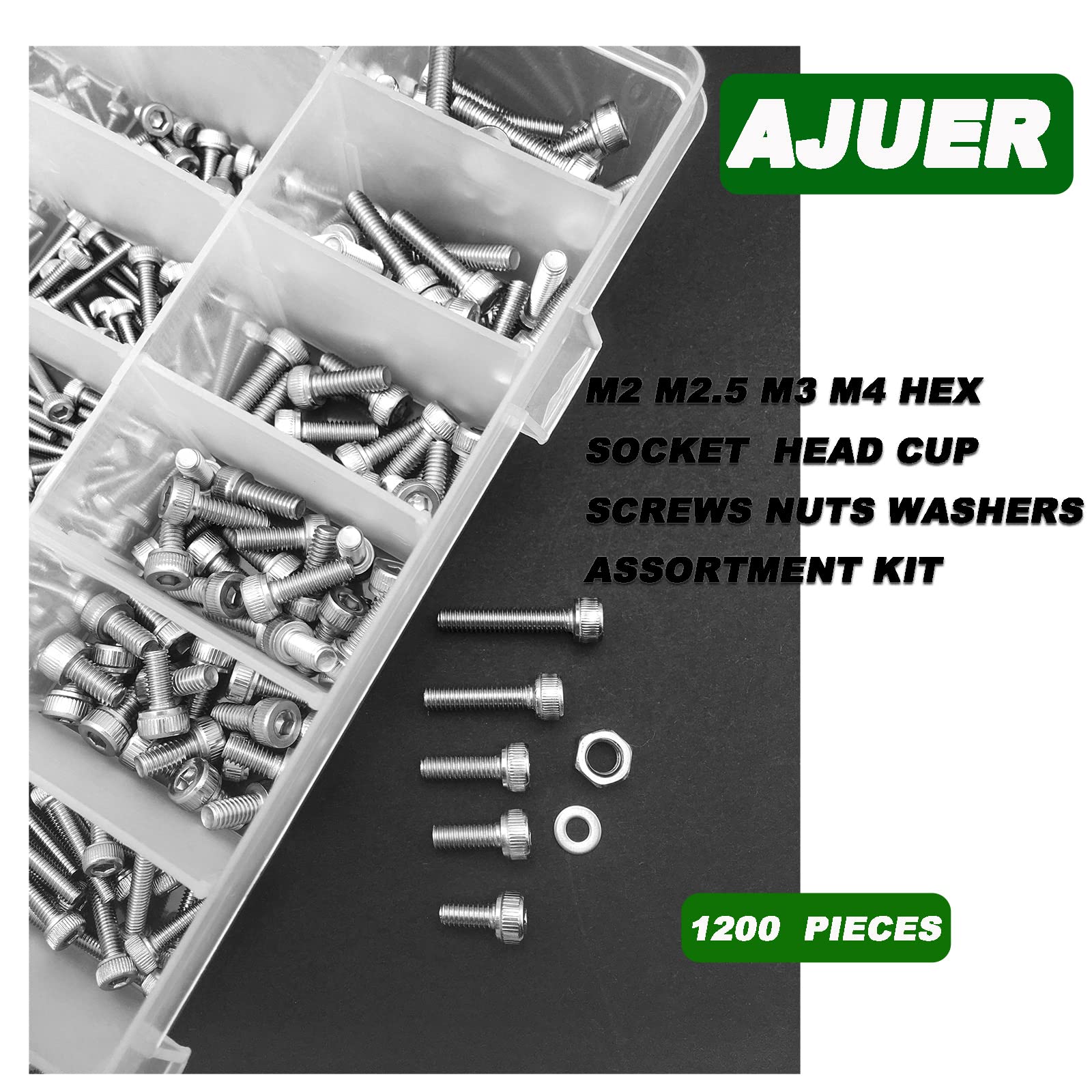 AJUER 1200pcs M2/M2.5/M3/M4 hex Socket Head Cap Screws Bolts Nuts Washers Assortment Kit, 304 Stainless Steel Metric Screw Set, Small Bolts and Nuts Kit