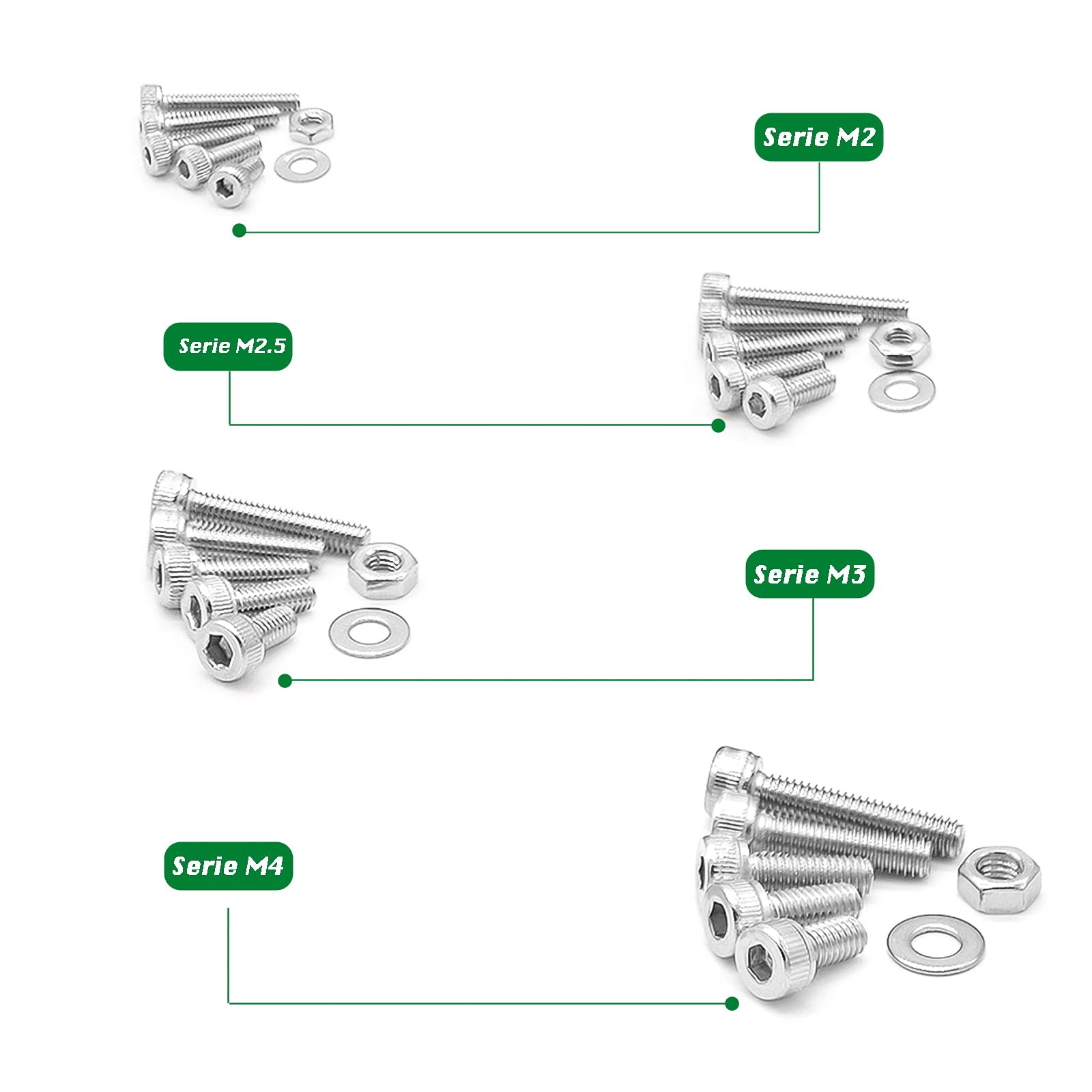 AJUER 1200pcs M2/M2.5/M3/M4 hex Socket Head Cap Screws Bolts Nuts Washers Assortment Kit, 304 Stainless Steel Metric Screw Set, Small Bolts and Nuts Kit