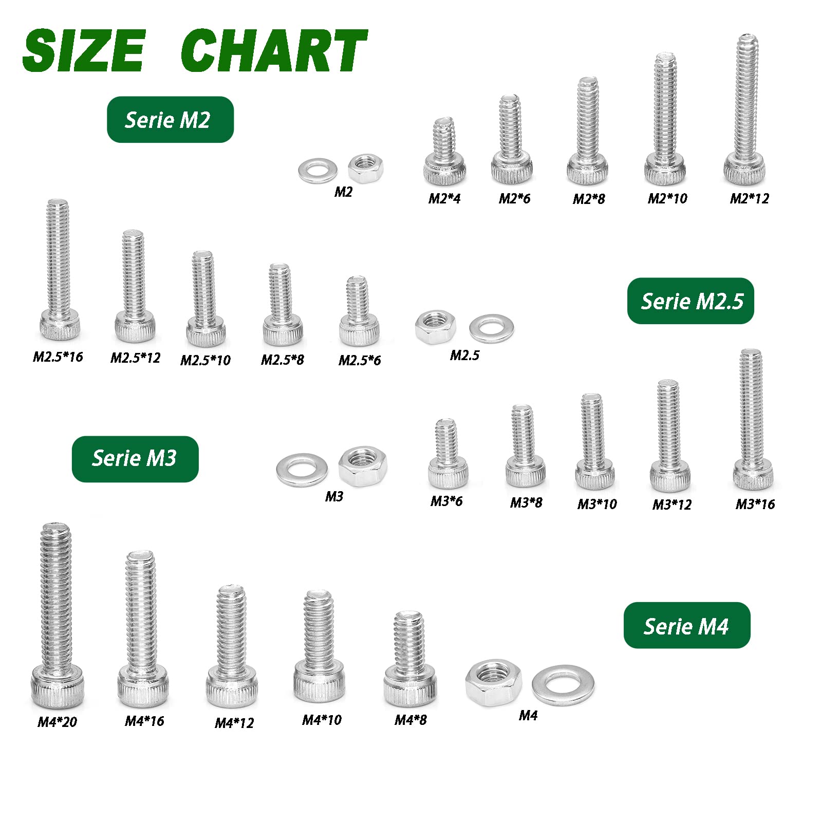 AJUER 1200pcs M2/M2.5/M3/M4 hex Socket Head Cap Screws Bolts Nuts Washers Assortment Kit, 304 Stainless Steel Metric Screw Set, Small Bolts and Nuts Kit