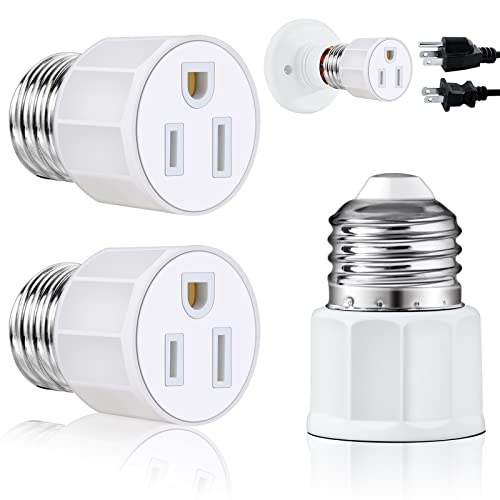 3 Prong Light Socket to Plug Adapter - E26 E27 Light Socket to Plug Adapter - Polarized Light Bulb Plug Adapter, 2/3 Prong Outlet Socket Splitter Convert for Garage Porch Camera (2, White)