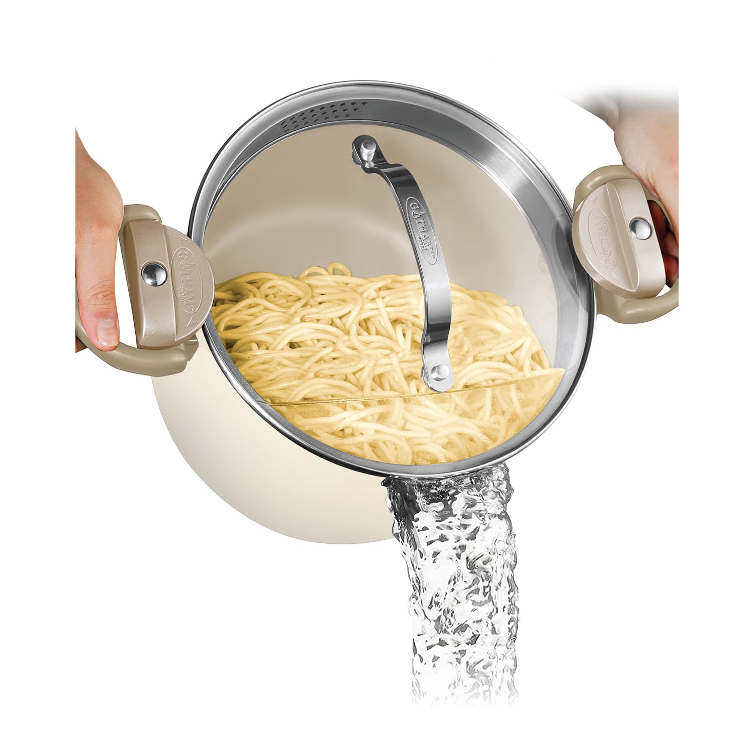 Gotham Steel 5 Quart Stock Pot Multipurpose Pasta Pot with Strainer Lid & Twist and Lock Handles, Nonstick Cooking Pot + Pasta Strainer Pot with Lid, Spaghetti Pot, Oven/Dishwasher Safe - CREAM