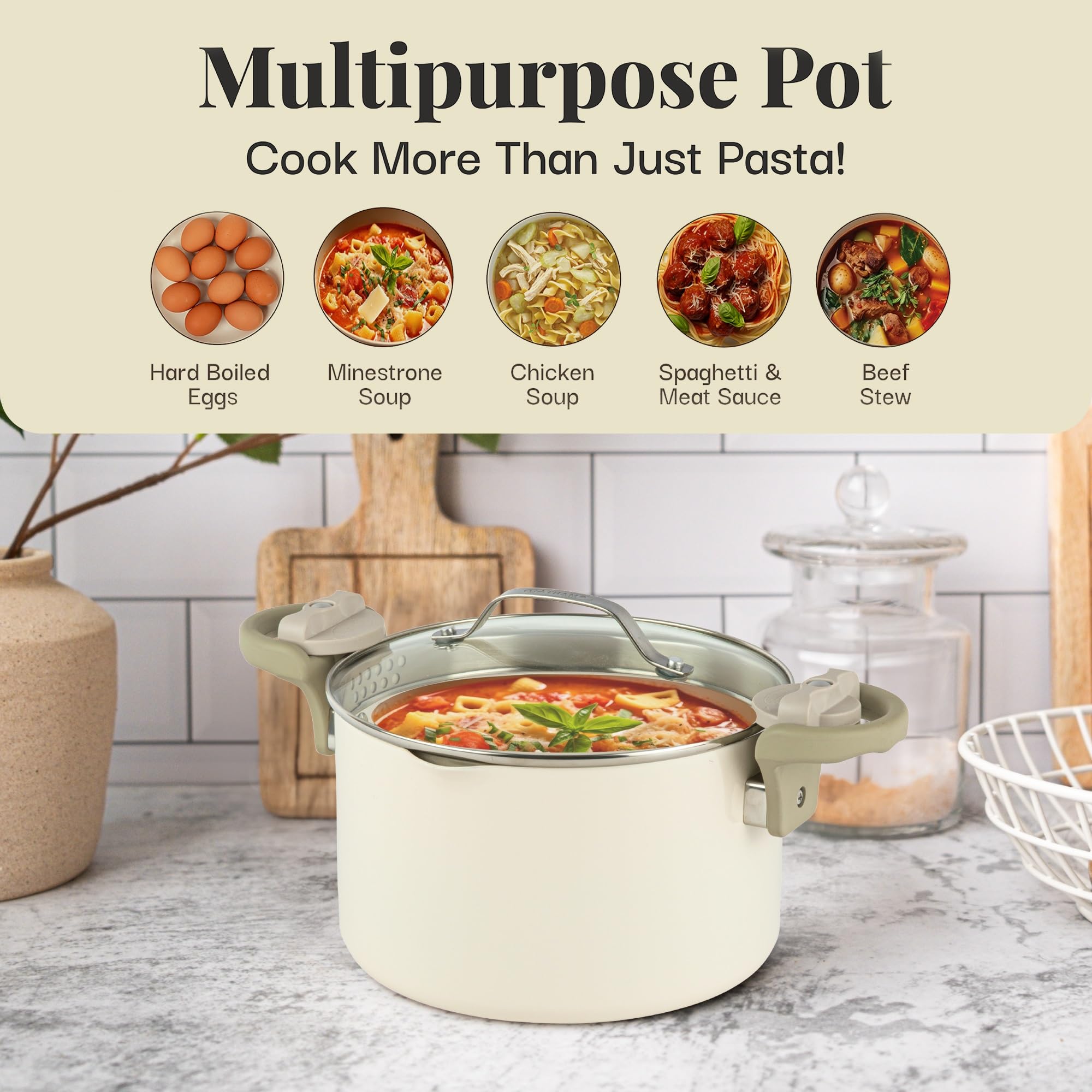 Gotham Steel 5 Quart Stock Pot Multipurpose Pasta Pot with Strainer Lid & Twist and Lock Handles, Nonstick Cooking Pot + Pasta Strainer Pot with Lid, Spaghetti Pot, Oven/Dishwasher Safe - CREAM