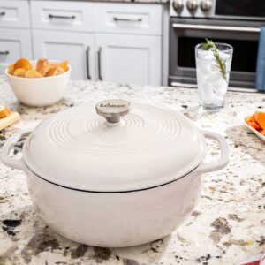 Lodge 6 Quart Enameled Cast Iron Dutch Oven with Lid – Dual Handles – Oven Safe up to 500° F or on Stovetop - Use to Marinate, Cook, Bake, Refrigerate and Serve – Oyster White