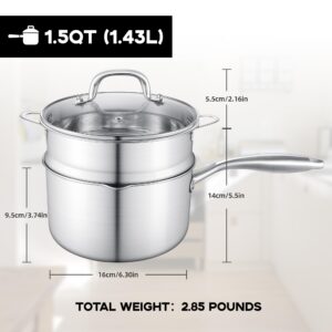 Leetaltree 1.5 Quart Stainless Steel Saucepan with Steamer Basket, Tri-ply Construction, Multipurpose Sauce Pan with Double-sized Drainage Lid - Perfect for Cooking Gravies, Pasta, Vegetable and More