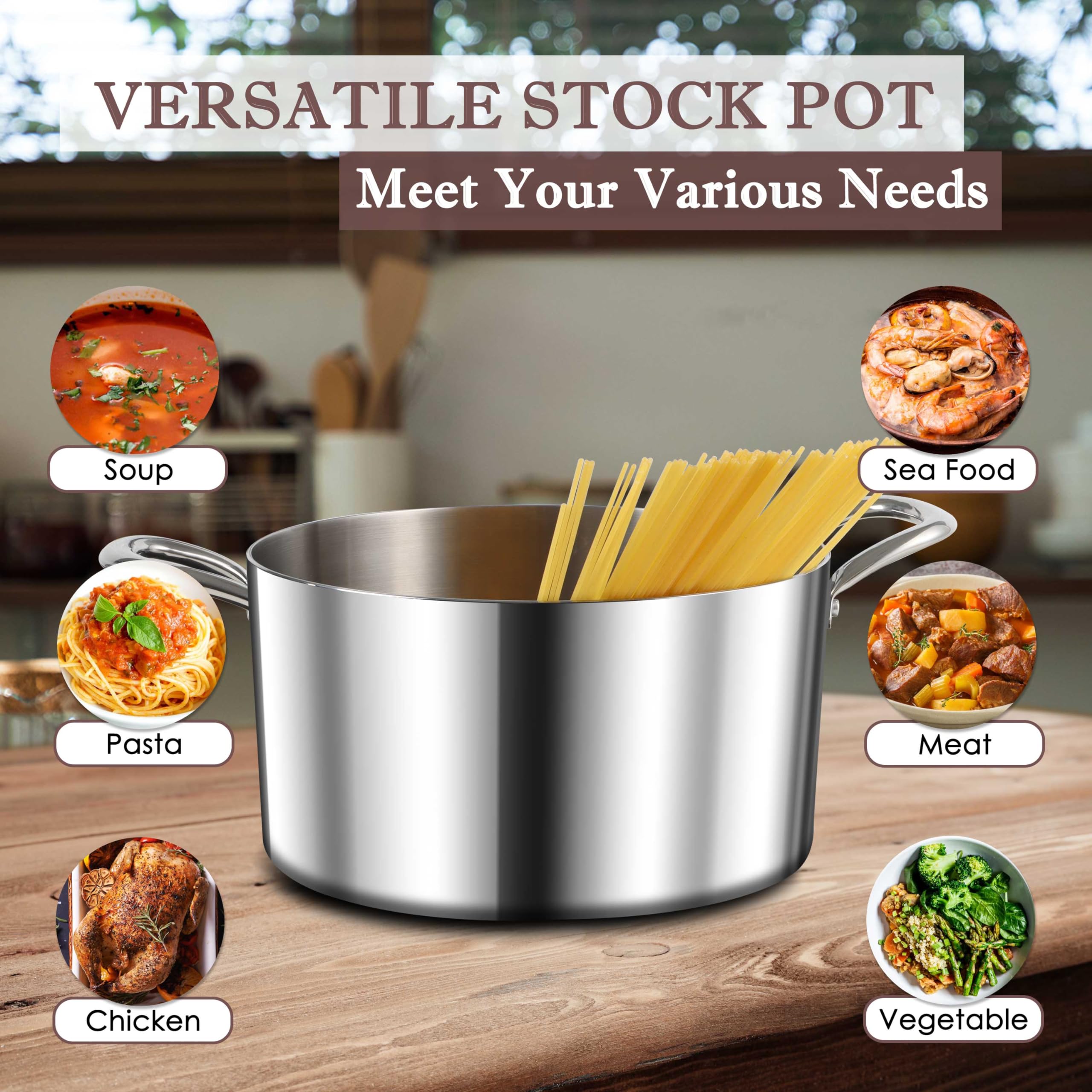 Herogo 8 Quart Stock Pot, 18/10 Stainless Steel Cooking Pot with Lid, 8 QT Pasta Pot with Handles, Tri-Ply Stockpot for Induction Gas Electric Stove, Dishwasher Safe