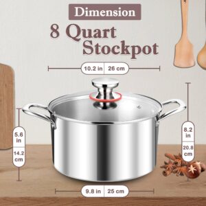 Herogo 8 Quart Stock Pot, 18/10 Stainless Steel Cooking Pot with Lid, 8 QT Pasta Pot with Handles, Tri-Ply Stockpot for Induction Gas Electric Stove, Dishwasher Safe