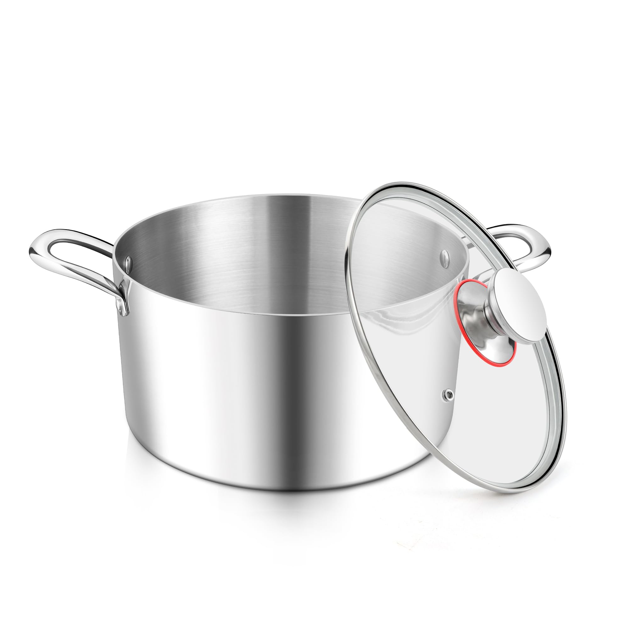 E-far 4 Quart Stock Pot, Tri-Ply Stainless Steel Cooking Pot with Glass Lid and Riveted Handles, Metal Pasta Soup Pot for Induction Ceramic Electric Gas Stoves, Heavy Duty & Dishwasher Safe