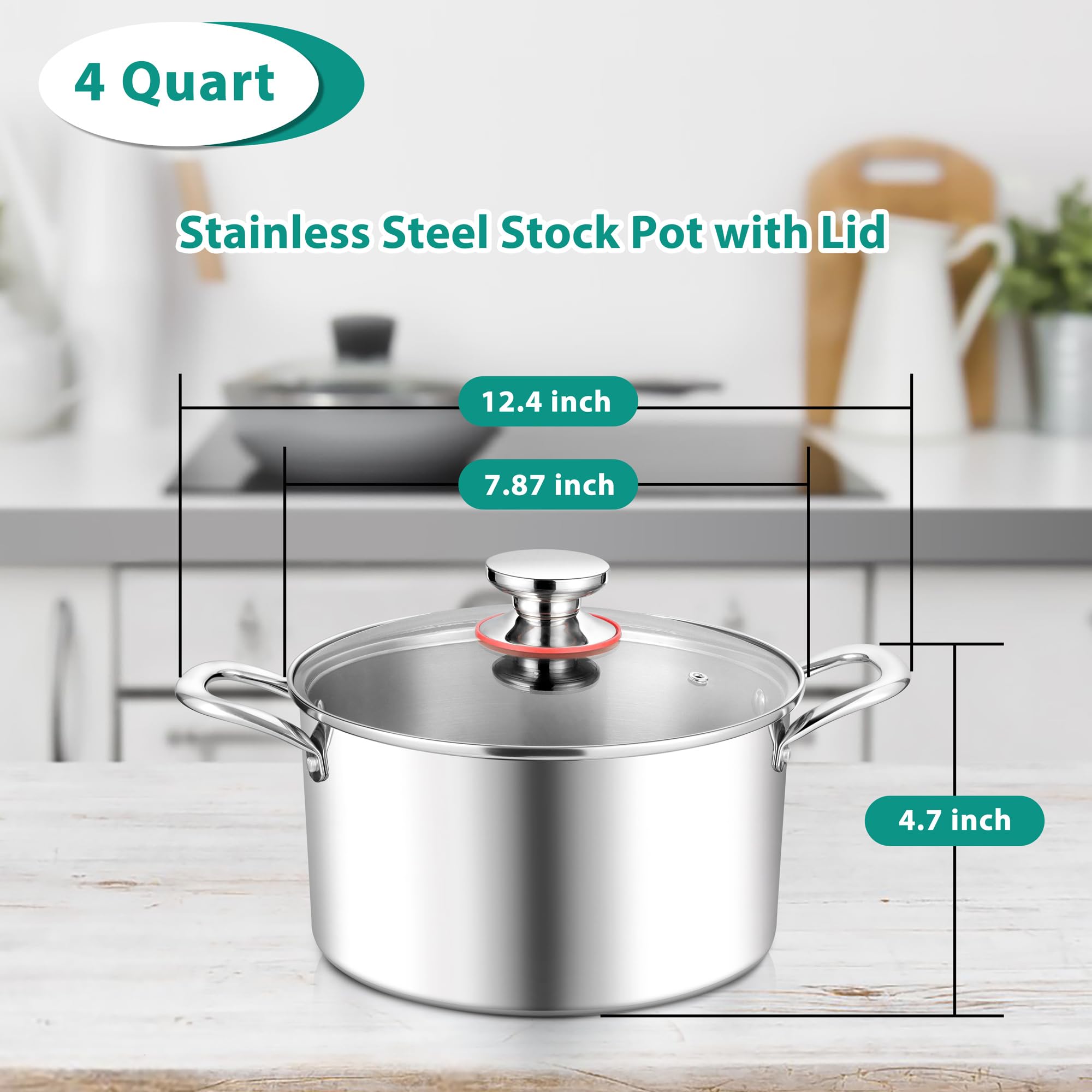 E-far 4 Quart Stock Pot, Tri-Ply Stainless Steel Cooking Pot with Glass Lid and Riveted Handles, Metal Pasta Soup Pot for Induction Ceramic Electric Gas Stoves, Heavy Duty & Dishwasher Safe