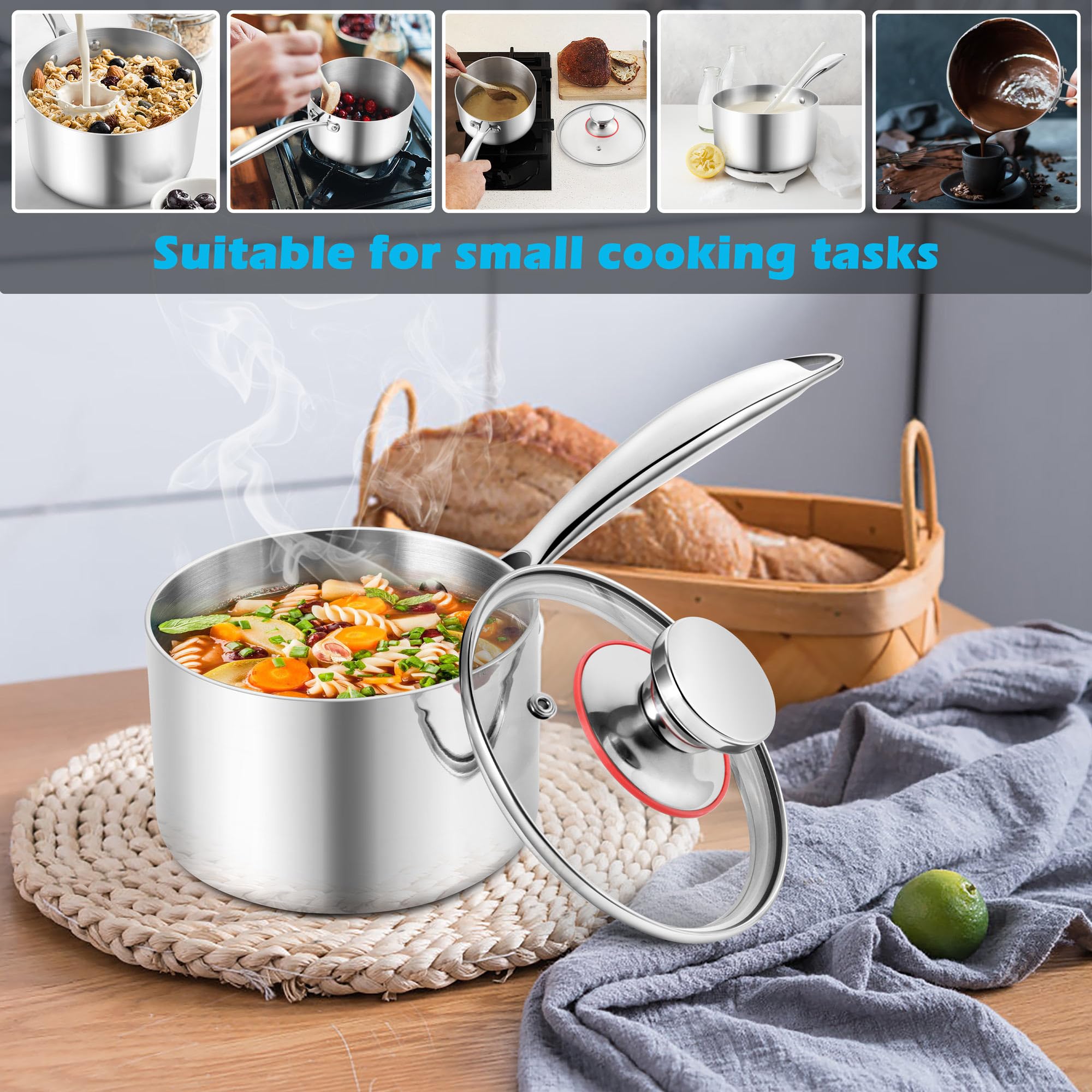 E-far 1-Quart Saucepan, Tri-Ply Stainless Steel Sauce Pan with Glass Lid, Small Cooking Induction Pot Compatible with All Cooktops, Non Toxic, Oven & Dishwasher Safe