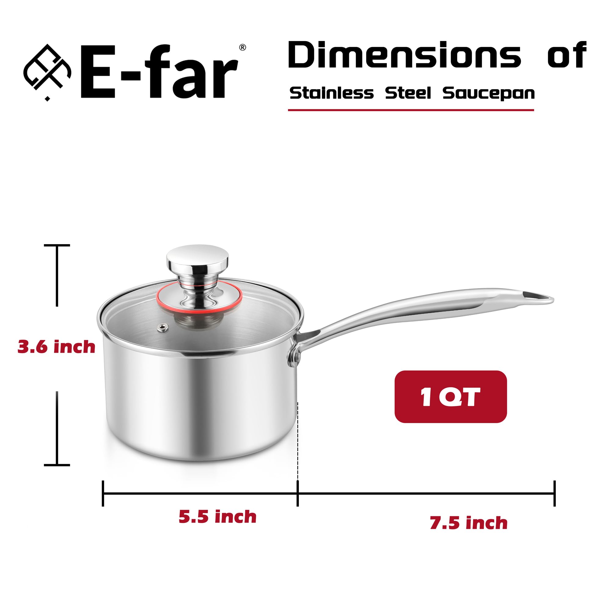 E-far 1-Quart Saucepan, Tri-Ply Stainless Steel Sauce Pan with Glass Lid, Small Cooking Induction Pot Compatible with All Cooktops, Non Toxic, Oven & Dishwasher Safe