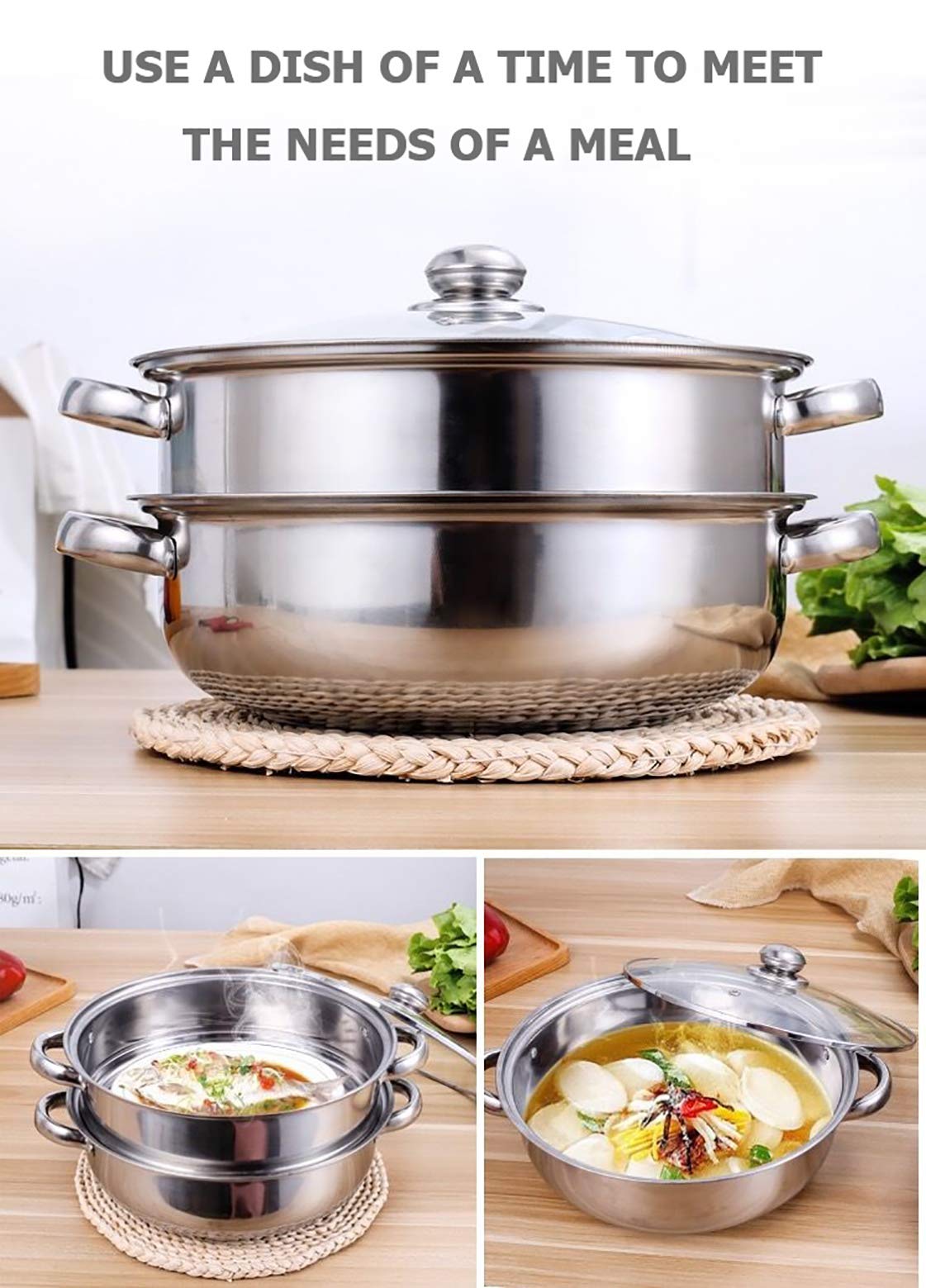 Steamer Pot Stainless Steel 2 Tier - 28cm Steamer Pot w/Glass Lid Food Veg Cooker Pot Cooking Pan Steaming Pot Dim Sum Cookware Steamer For Kitcken Cooking Tool