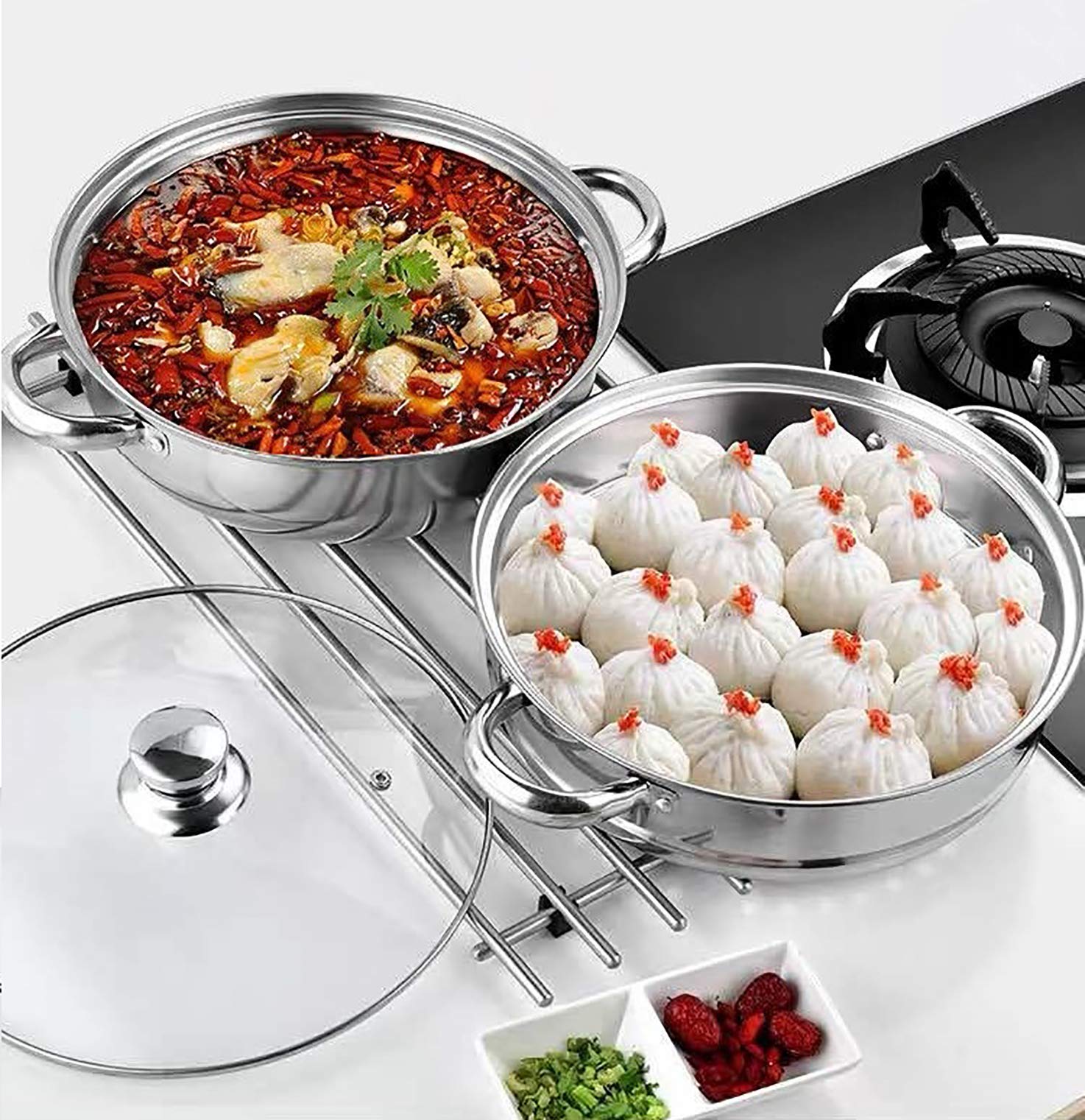 Steamer Pot Stainless Steel 2 Tier - 28cm Steamer Pot w/Glass Lid Food Veg Cooker Pot Cooking Pan Steaming Pot Dim Sum Cookware Steamer For Kitcken Cooking Tool