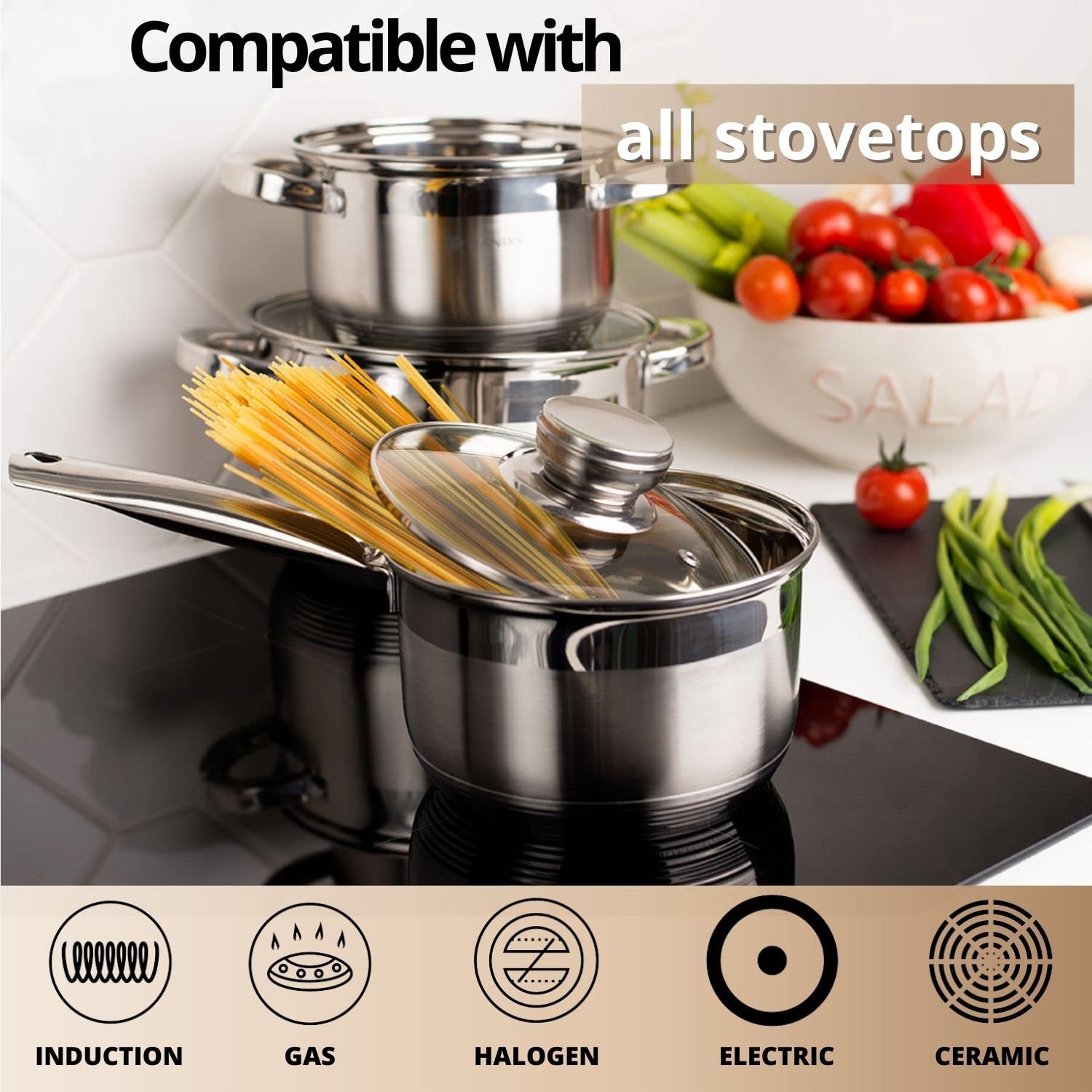 Daniks Standard Stainless Steel Stock Pot with Glass Lid | Induction 2 Quart | Dishwasher Safe Pot | Measuring Scale | Soup Pasta Stew Pot | Silver