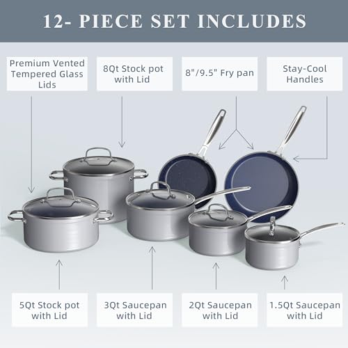 Nuwave Healthy Duralon Blue Ceramic Nonstick Cookware Set, Diamond Infused Scratch-Resistant, PFAS Free, Dishwasher & Oven Safe, Induction Ready & Evenly Heats, Tempered Glass Lids & Stay-Cool Handles