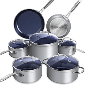 nuwave healthy duralon blue ceramic nonstick cookware set, diamond infused scratch-resistant, pfas free, dishwasher & oven safe, induction ready & evenly heats, tempered glass lids & stay-cool handles