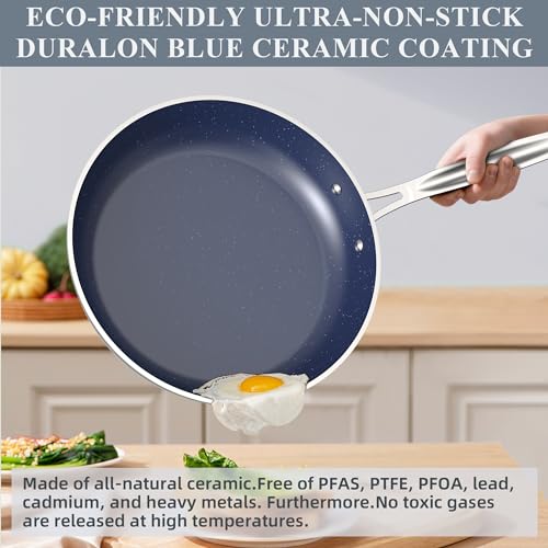 Nuwave Healthy Duralon Blue Ceramic Nonstick Cookware Set, Diamond Infused Scratch-Resistant, PFAS Free, Dishwasher & Oven Safe, Induction Ready & Evenly Heats, Tempered Glass Lids & Stay-Cool Handles