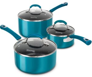 michelangelo sauce pan sets, enamel sauce pan with lid, 1qt & 2qt & 3qt saucepans with lids, nonstick saucepan set, small pot with lid, non stick sauce pots with silicone handle, oven safe, cyan