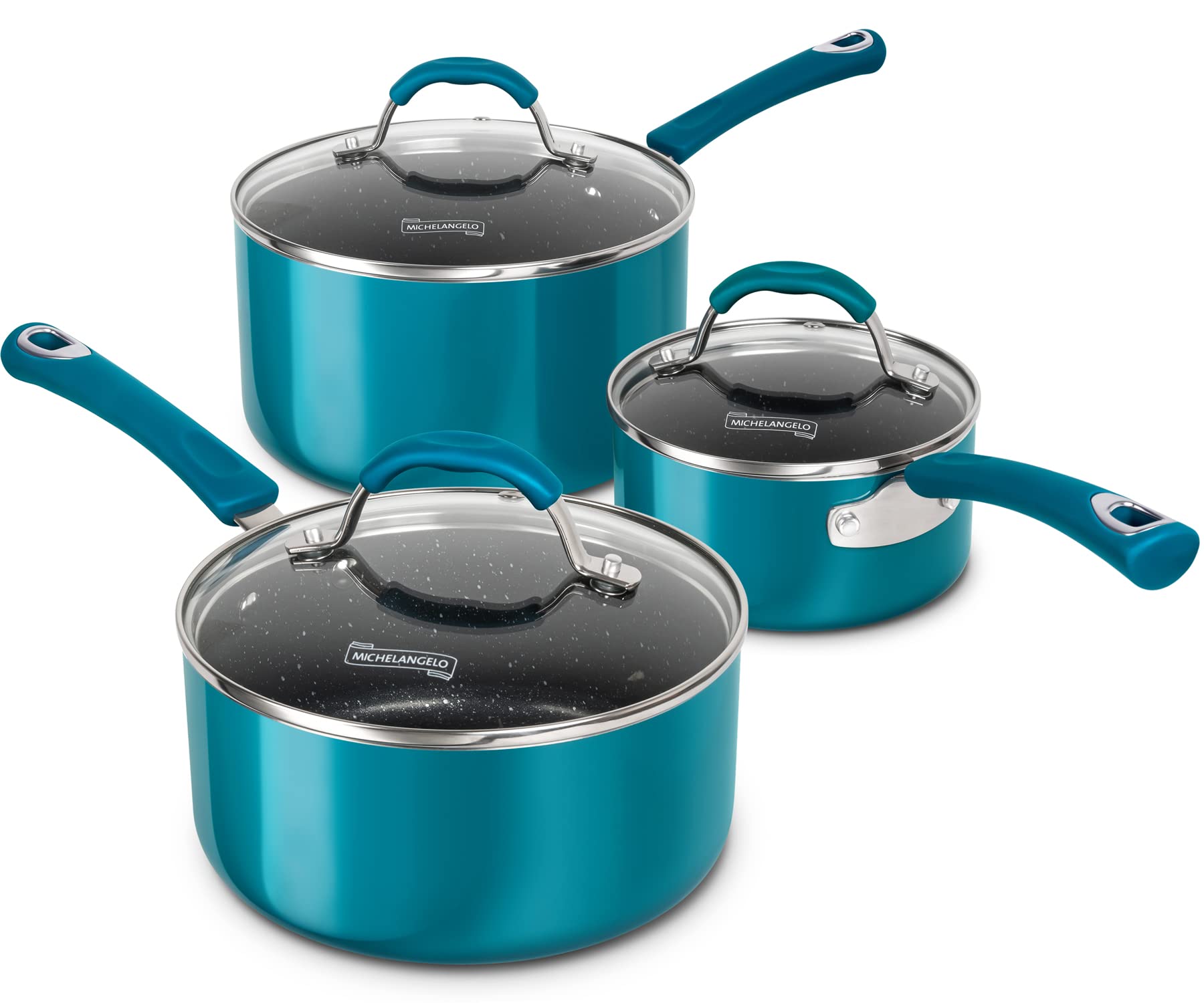 MICHELANGELO Sauce Pan Sets, Enamel Sauce Pan with Lid, 1Qt & 2Qt & 3Qt Saucepans with Lids, Nonstick Saucepan Set, Small Pot with Lid, Non Stick Sauce Pots with Silicone Handle, Oven Safe, Cyan