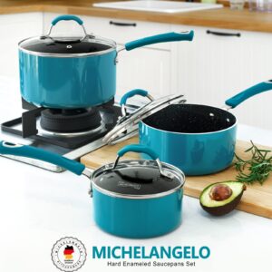 MICHELANGELO Sauce Pan Sets, Enamel Sauce Pan with Lid, 1Qt & 2Qt & 3Qt Saucepans with Lids, Nonstick Saucepan Set, Small Pot with Lid, Non Stick Sauce Pots with Silicone Handle, Oven Safe, Cyan